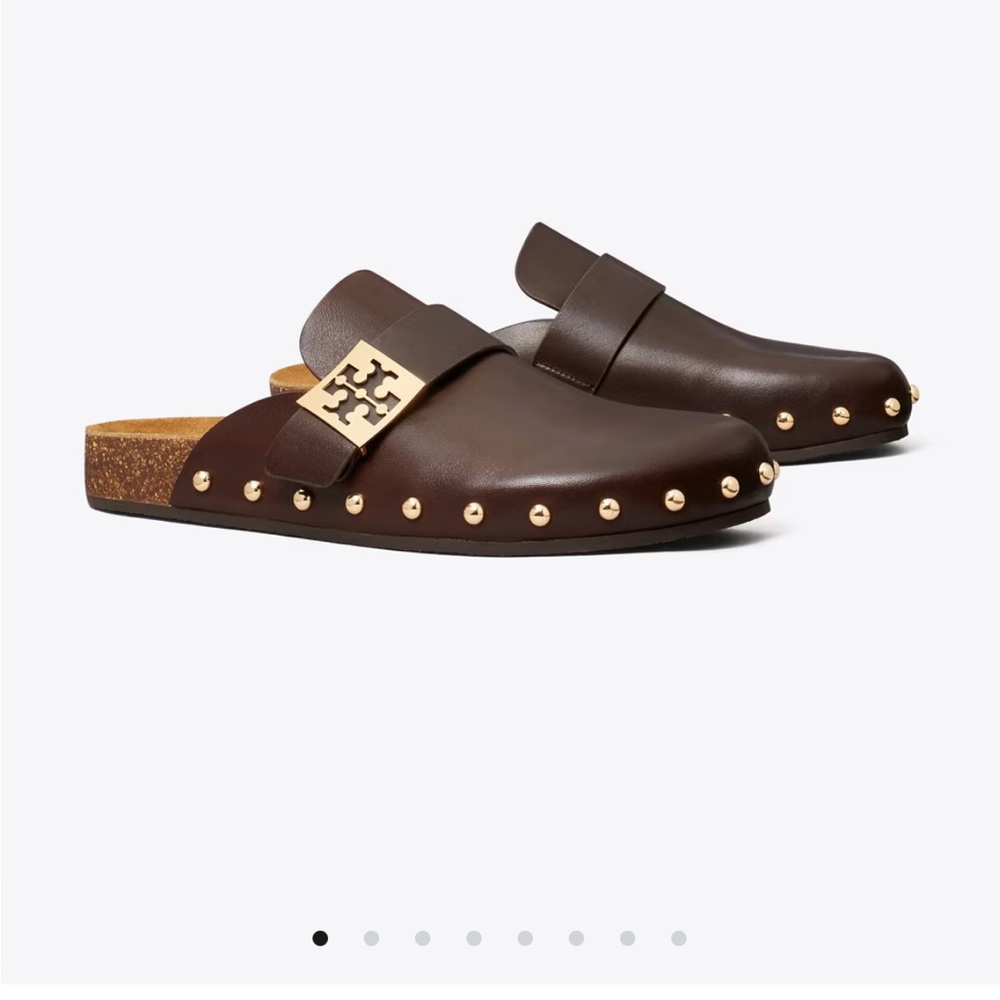 Tory Burch Deep Mocha Leather Mules with Gold Accents